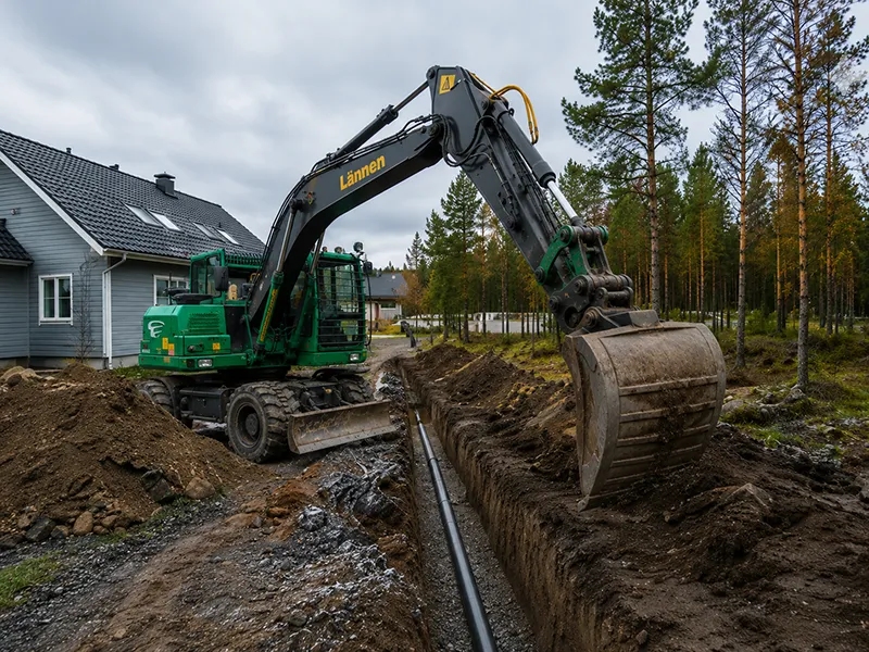 Kaivinkone tekee pienimuotoista kaivuutyötä pihapiirissä